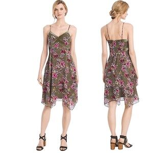 White House Black Market Strappy Velvet Trim Floral Dress Olive Green Pink 8